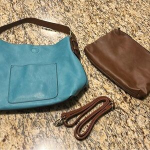 Joy Susan Vegan Leather Hobo 2-in-1 Handbag, in Teal and Brown